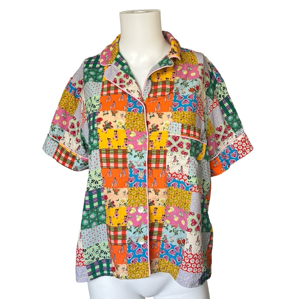 Rachel Antonoff Pajama Top Short Sleeve Patchwork Print Hearts Cats Cotton